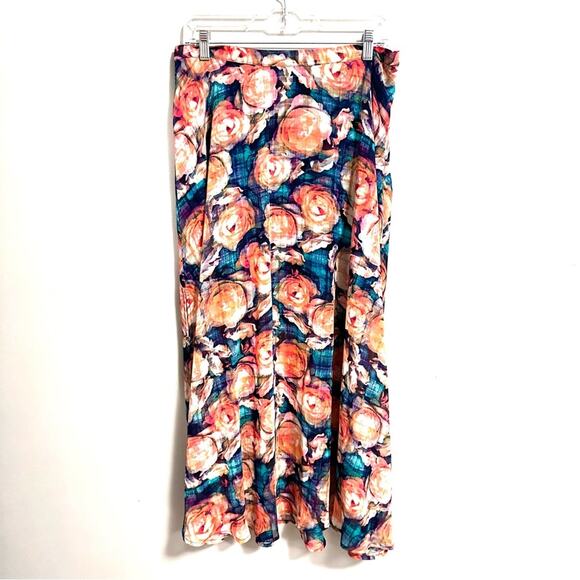 Decree Floral Flowy Long Ankle Length Maxi Skirt Peach Blue Women Large - Picture 2 of 6